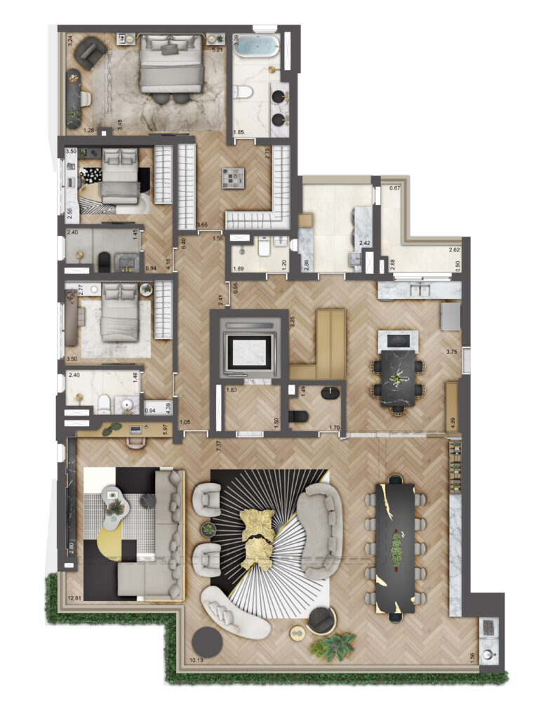Planta Do Soleil By Boca Do Lobo: Planta Opção De 246,86 M² Com 3 Suítes, A Versão Do Apartamento Decorado. Sugestão De Decoração.